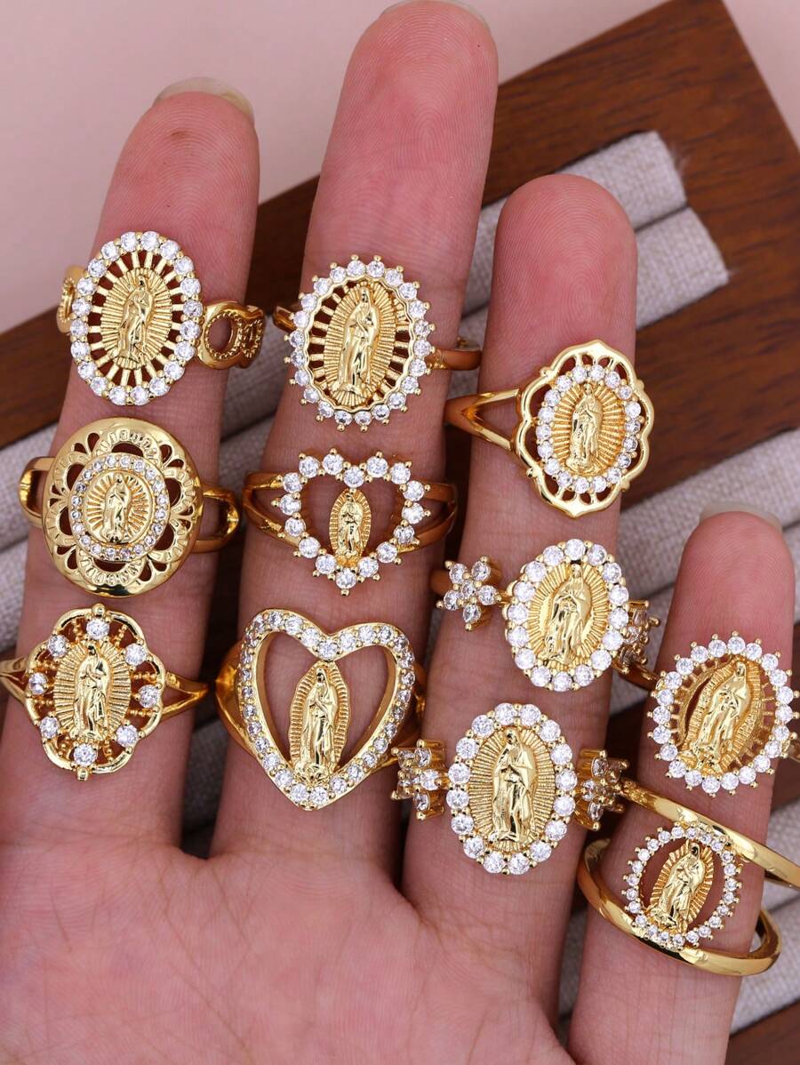 1pc DIY New Virgin Mary Classic Ring, Copper Micro-Inlay CZ Plated 18K Gold Women Girls Faith Virgin Mary Ring
