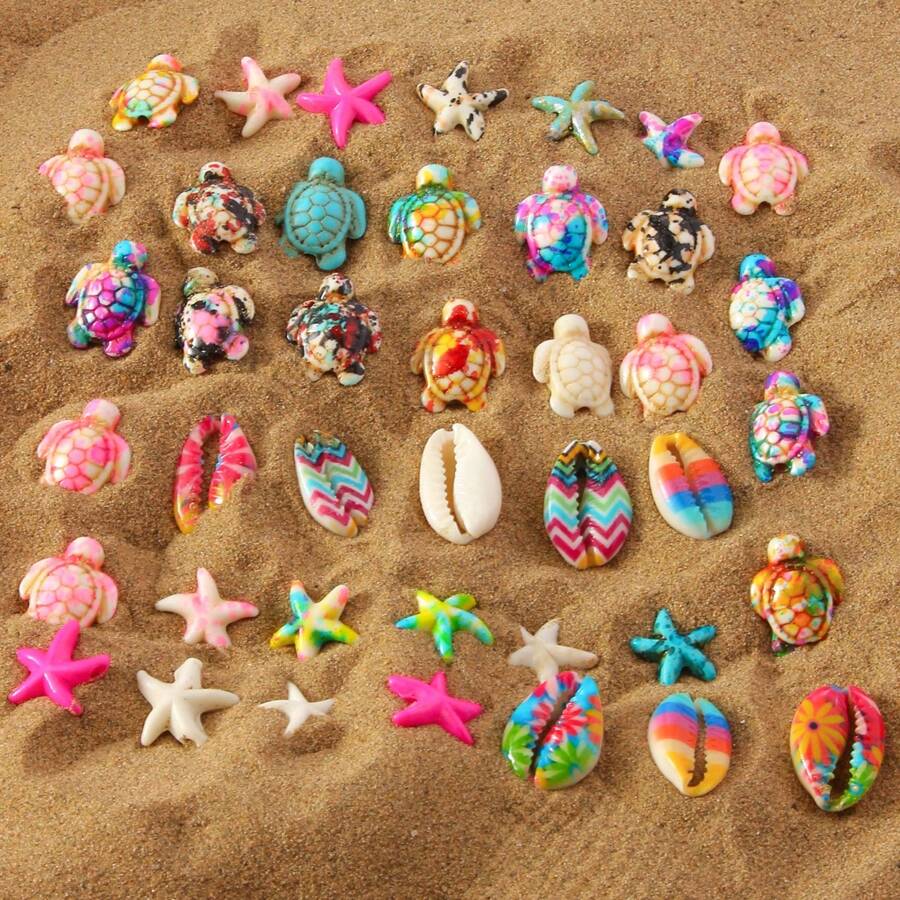 28 pièces Accessoires de création de bijoux DIY, thème océanique tortue colorée, étoile de mer, coquillage, macaron-couleurs avec 3 rouleaux de cordon élastique, tailles aléatoires