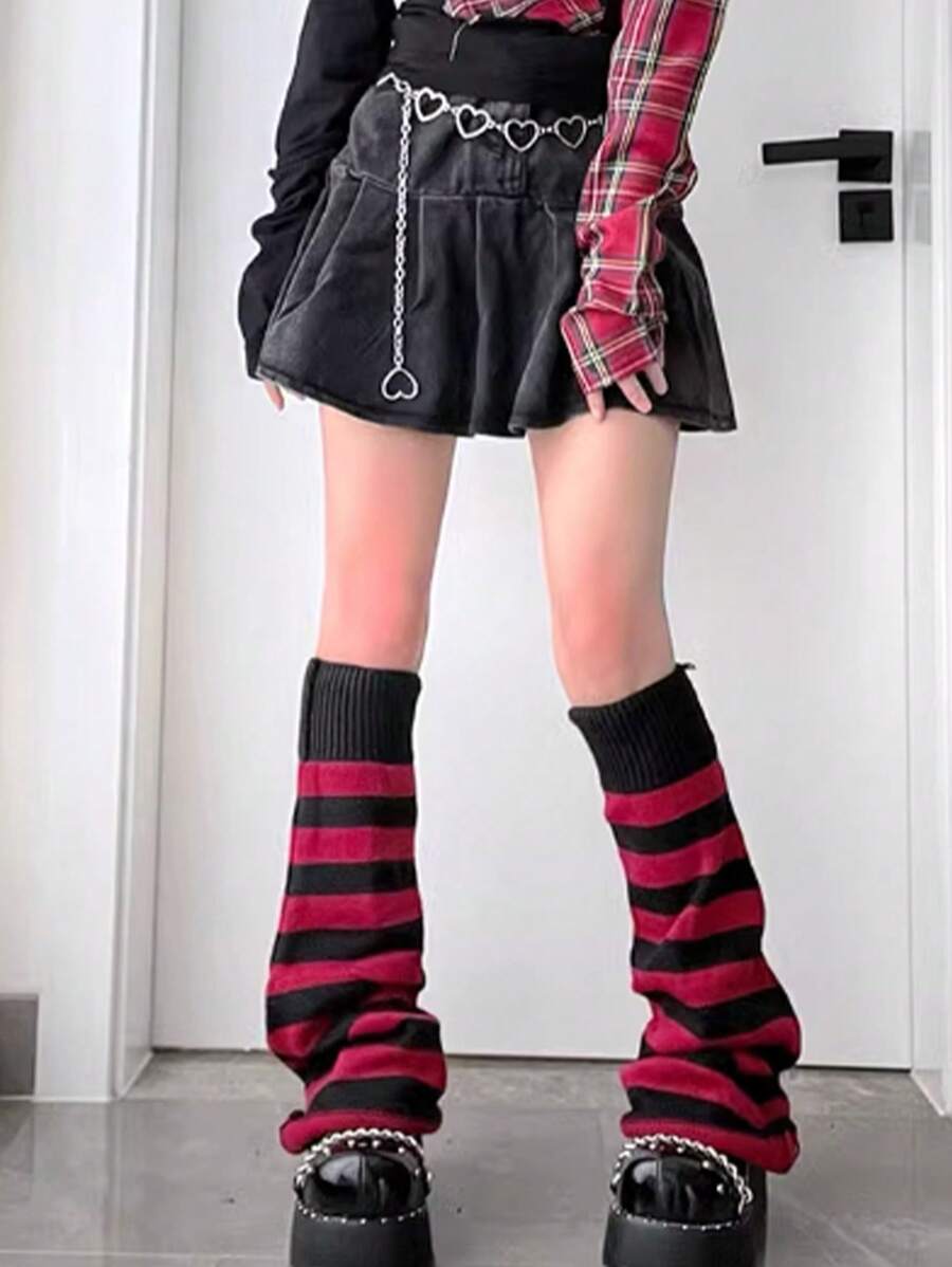 1 par de calentadores de pierna con efecto acampanado y bloque de color a rayas, estilo Y2K, adecuados para Halloween, para mujer
