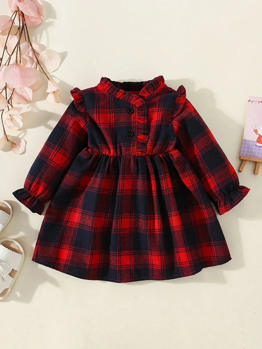 Vestito da bambina con colletto plissettato, manica lunga, a quadri, per l autunno/inverno
