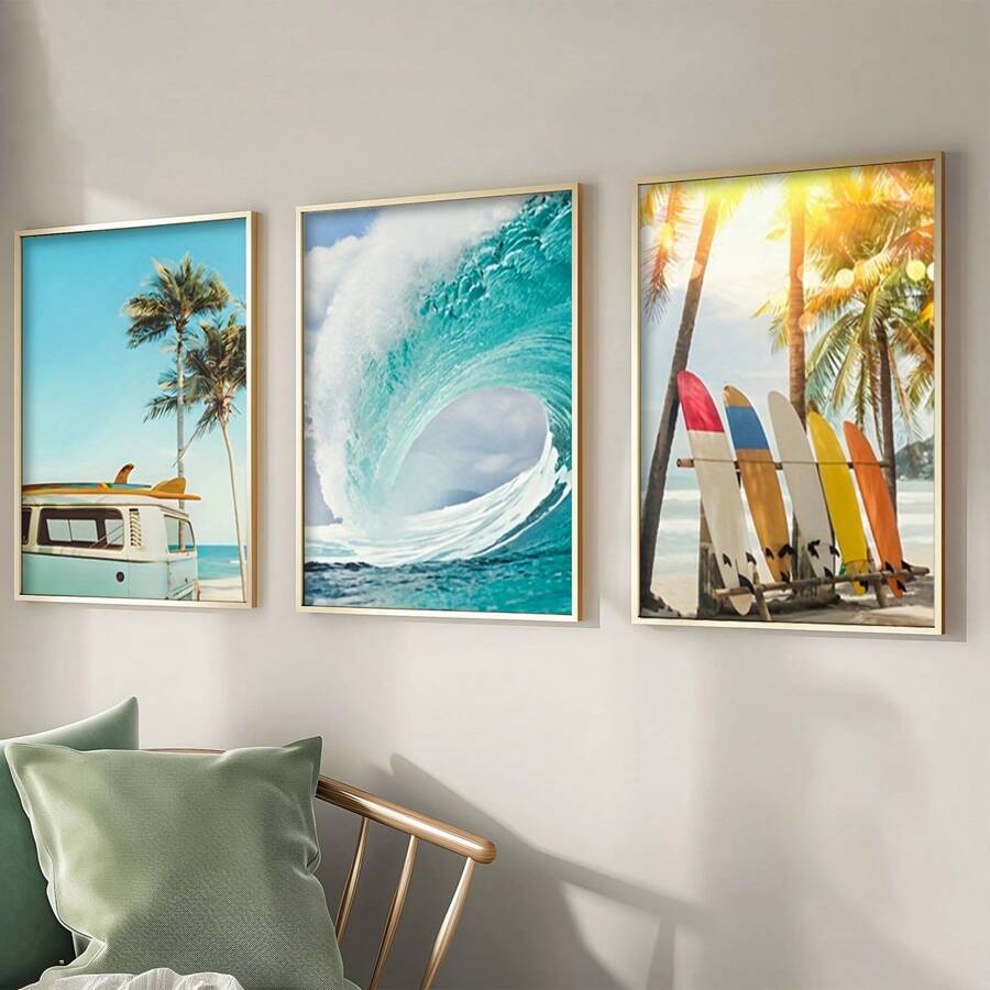 3pcs Framed Canvas Poster, Seaside Beach Surfboard Painting, Canvas Wall Art, Artwork Wall Art Gifts, Bedroom, Office, Living Room, Cafe, Bar, Wall Decoration, Home And Dorm Decoration Birthday Graduation Coastal Decor Coastal Decor Beach Decor