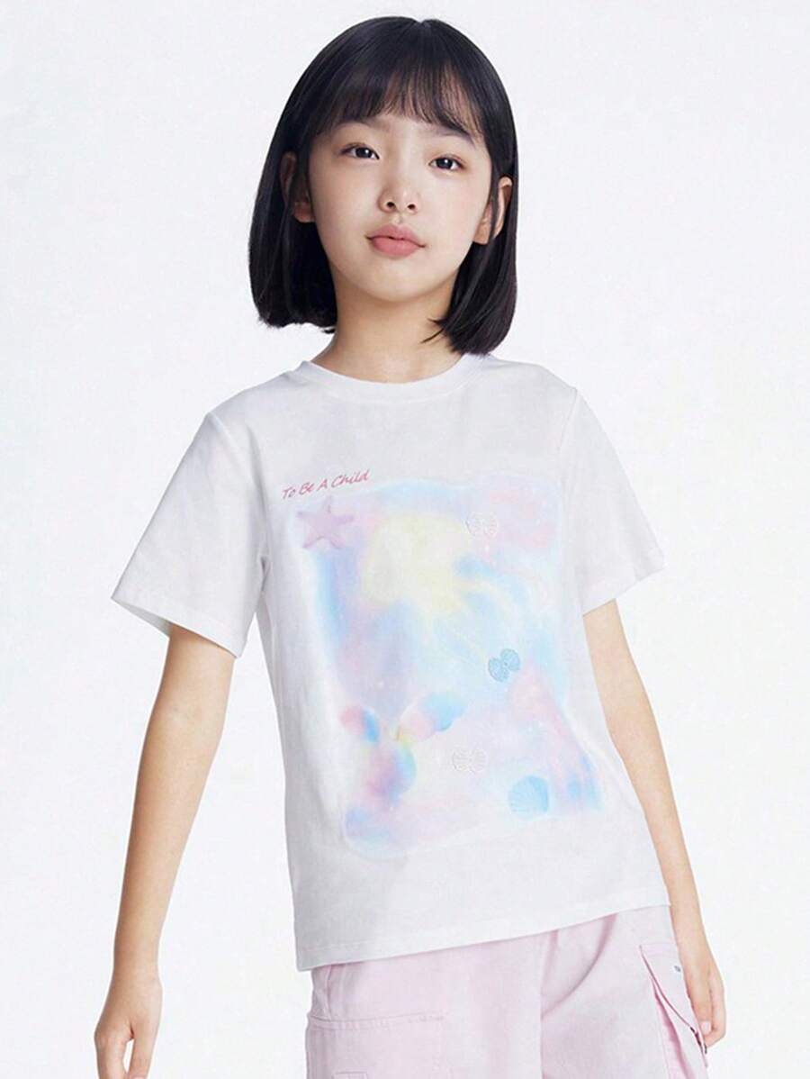 Annil EG421157 Roupa Infantil Camisa de Malha de Manga Curta com Estampa Bordada de Concha e Gola Redonda, Camiseta de Verão Nova Casual para Meninos e Meninas, Superior Fresco e Doce e Versátil