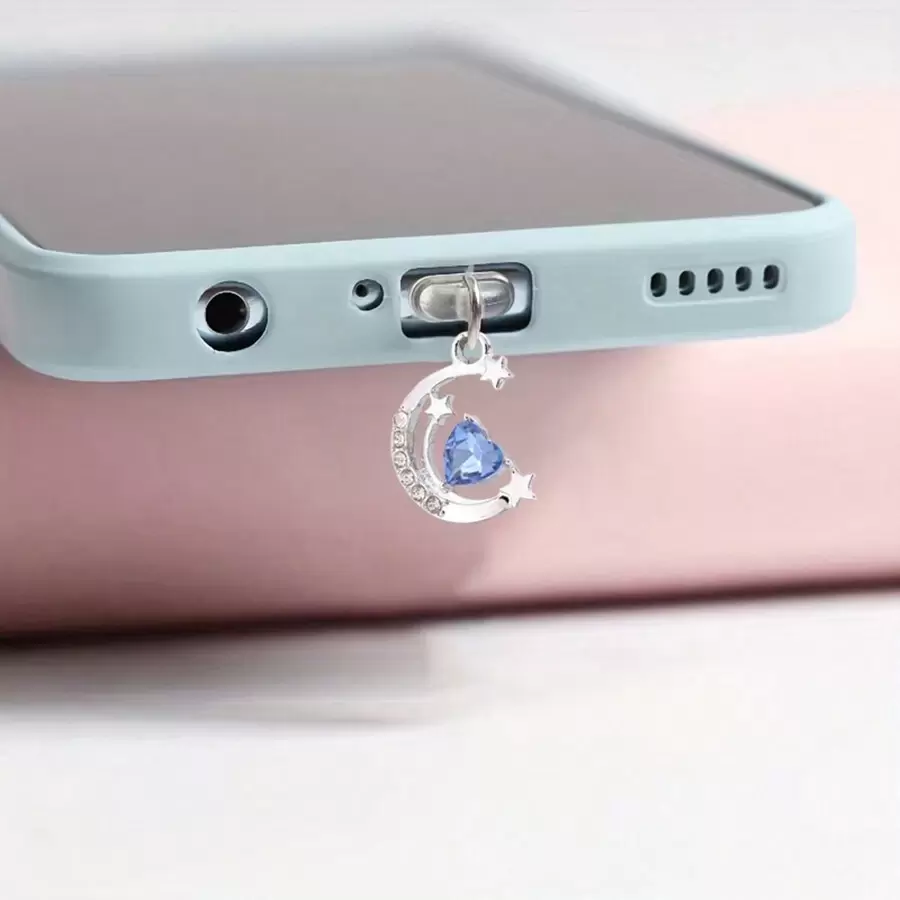 Rhinestone Moon & Heart Shaped Alloy Dustproof Plug Decoration For Mobile Phone Charging Port Dust Plug