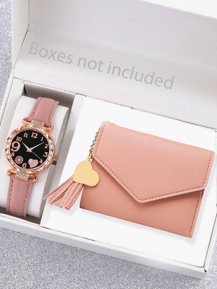 2 pièces Ensemble : 1 pièce montre décontractée pour femmes et 1 pièce ensemble cadeau de portefeuille à plusieurs couches à la mode
