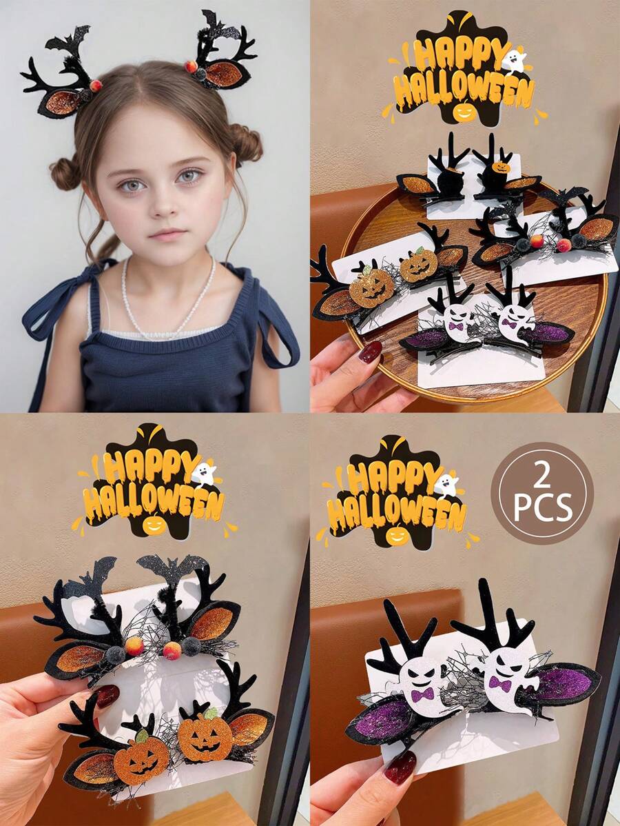 2 peças de grampos de cabelo de Halloween série chifre de veado - fantasma/pinha/abóbora, 4 estilos disponíveis para Halloween e festa