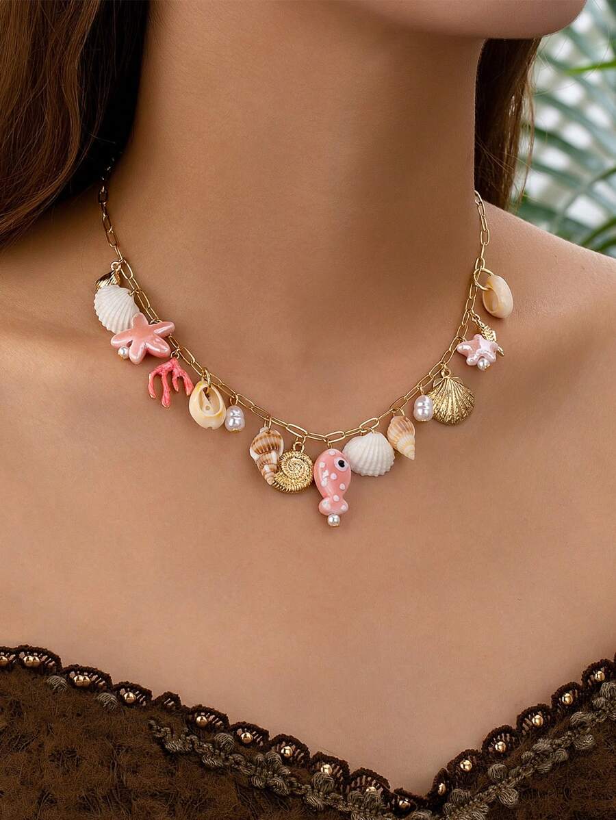 1pc Contas de vidro artesanais, estrela do mar, peixe, colar de pingente de coral para mulheres (formato e cor variam)