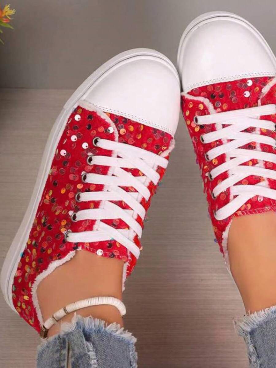 Modne oddychające cekinowe sportowe codzienne buty, uniwersalne płaskie płócienne trampki buty studenckie dla kobiet