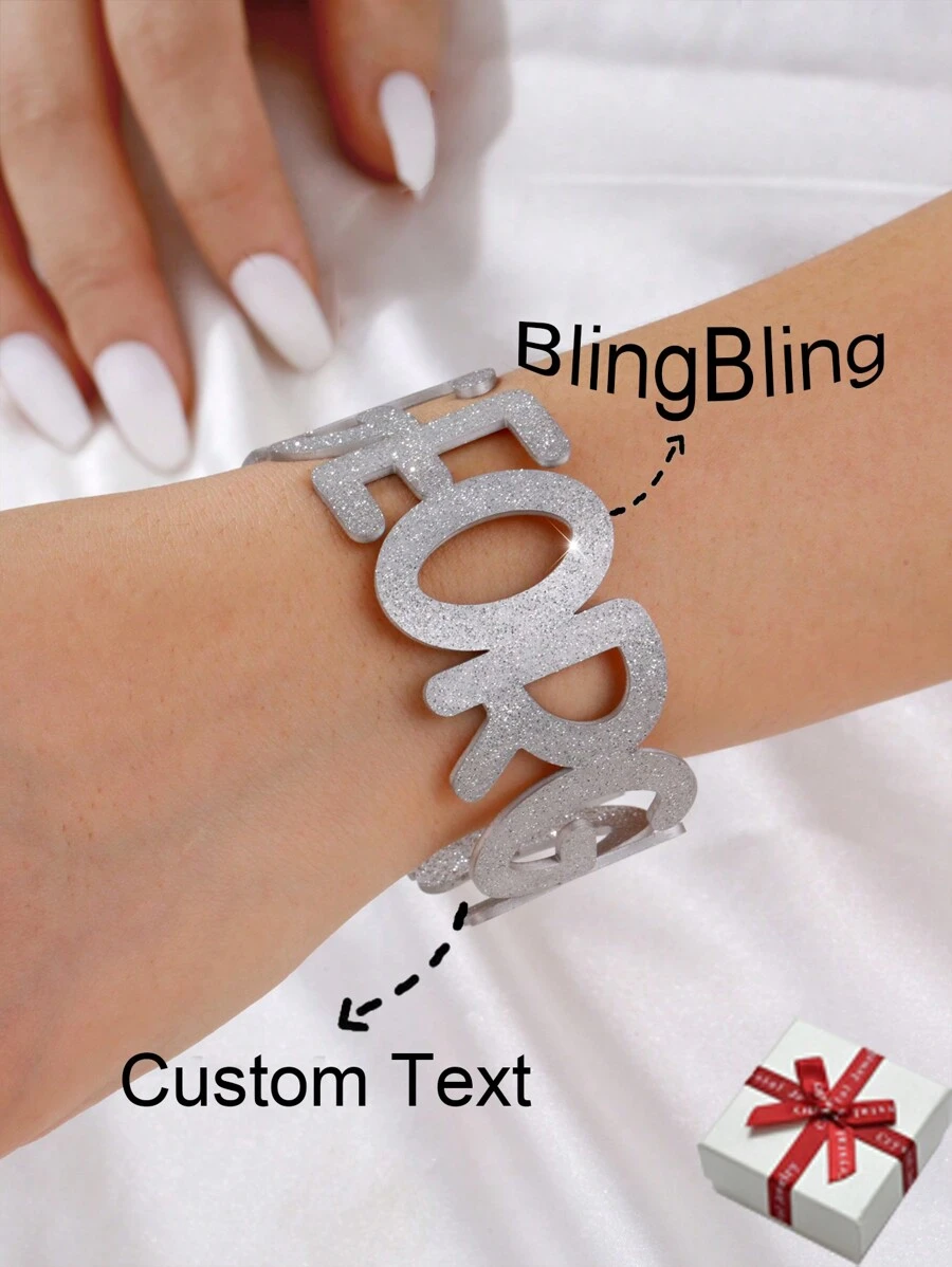 Customizable Shiny Name Charm Bangle Bracelet, Adjustable Big Cuff Bracelet, Unisex Hiphop Stainless Steel Handmade Calligraphy Letter Bracelet, Unique Classic Cuff Bracelet For Party, Family, Holiday Gift