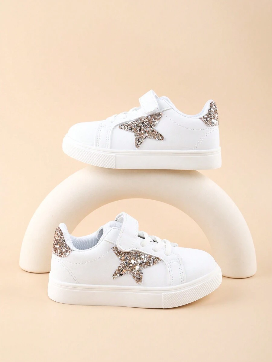 1 Pair Girls Sparkly Stars Decor Lightweight Flat Casual Sneakers, Non-Slip Outdoor Comfortable Kids Shoes, Suitable For All Seasons