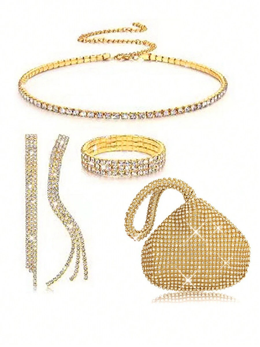 4 Peças Conjunto Versátil de Moda Feminina com Bolsa, Clutch, Brincos com Borla Longa, Pulseira e Colar Decorados com Cristais Brilhantes e Elegantes, Bolsas para Festa, Perfeito para Festa, Casamento, Baile de Formatura, Jantar/Banquete