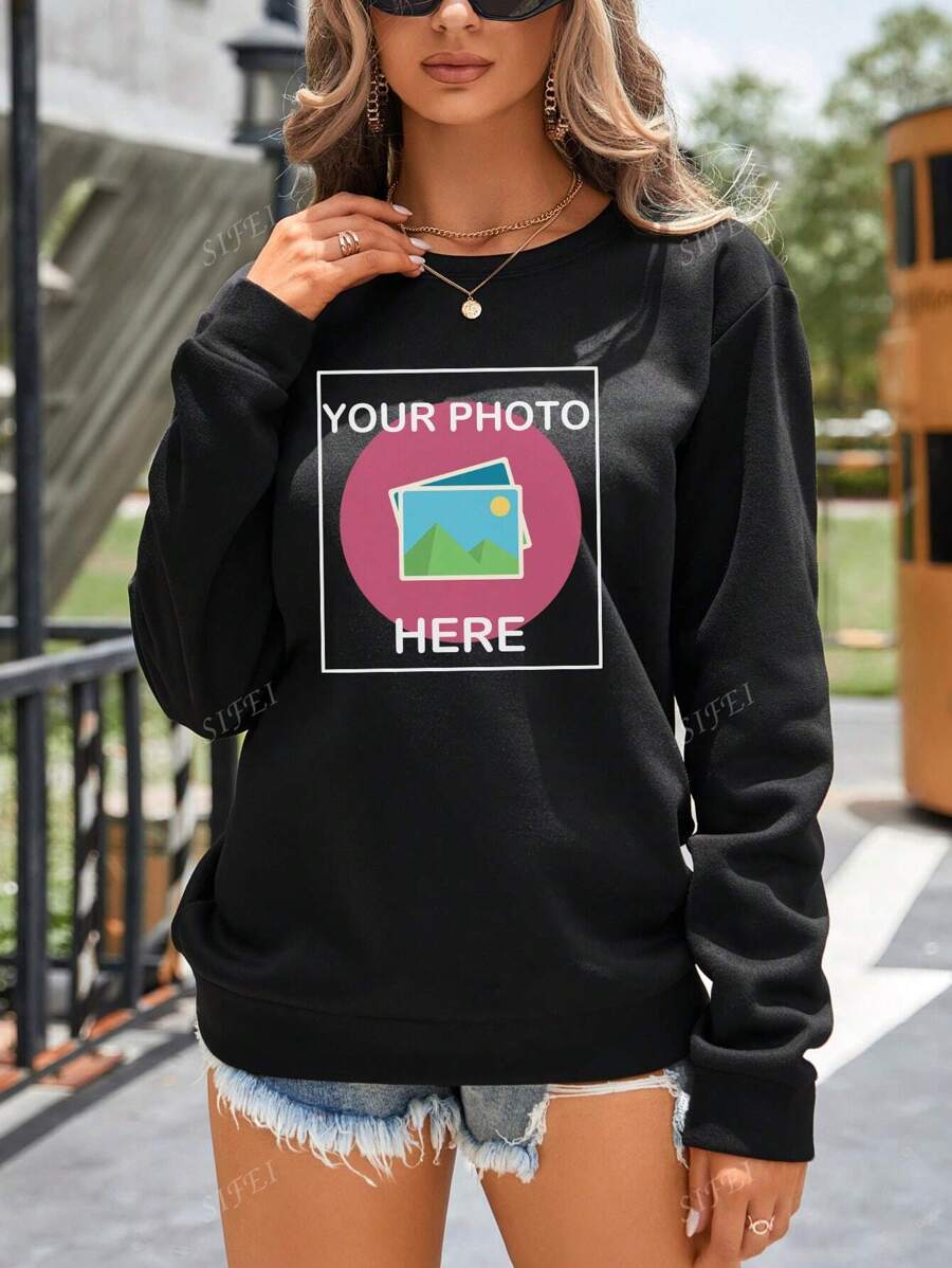 Custom Personalised Graphic Sweatshirt, Women Round Neck Casual Fashion Top