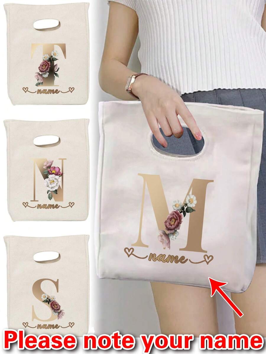1pc Customized Insulating Lunch Bag Personality Custom Name Gold Initials A To Z Pattern Women Cooler Handbags Student Thermal Lunch Bags For Work Canvas Personal Tailor Food Tote Bag Thermal Bag For Women Kids Insulated Refrigerated Lunch Box Bag For Man Picnic Bag Fridge Bag Cooler Lunch Box Ice Pack Food Storage Bag