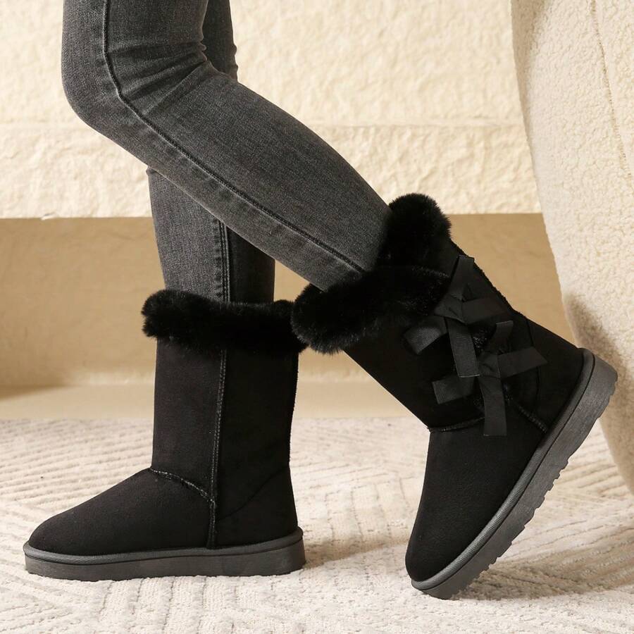 Women's Black Plush Mid-Calf Warm Snow Boots, Fashion Bow Soft Bottom Plush Lining Winter Boots, Anti-Slip Comfortable Snow Boots