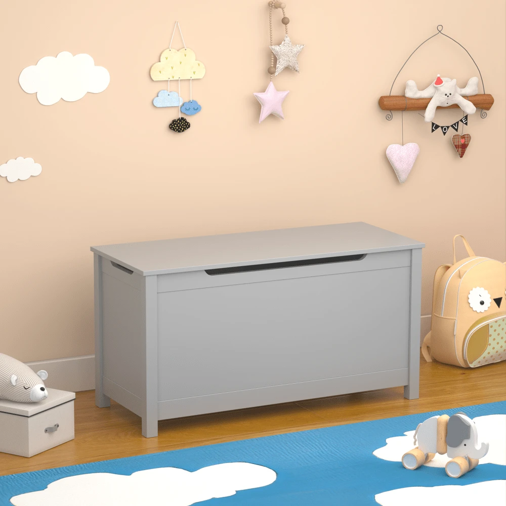 Valentines Wooden Kids Toy Box Toy Storage With Safety Hinged Lid, White Color, Ages 2+, Spacious Toy Box With Easy Assembly, Size 31.50" X 13.00" X 16.70"White/Brown/Grey