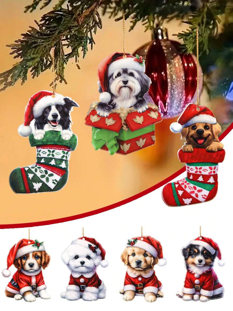 Ornements avec motif de chien de Noël, boîte-cadeau, charms de chiens suspendus, décoration de sapin de Noël, décoration de Noël pour les amateurs d'animaux de compagnie, décoration de Noël Décoration intérieure 2024 Bonne année 2025 Cadeaux, Noël