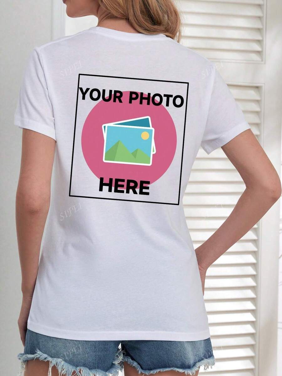 Customized Personal Picture Design Women's Short Sleeve Round Neck Comfortable T-Shirt, Printed On The Back,Ornamental,Dawg,Unique,Custom,Ideal Gifts For Her,Family,Friends,Pink Girls,For Holiday,For Vacation,For Anniversaries,Women Summer Clothes,Women Summer Clothes