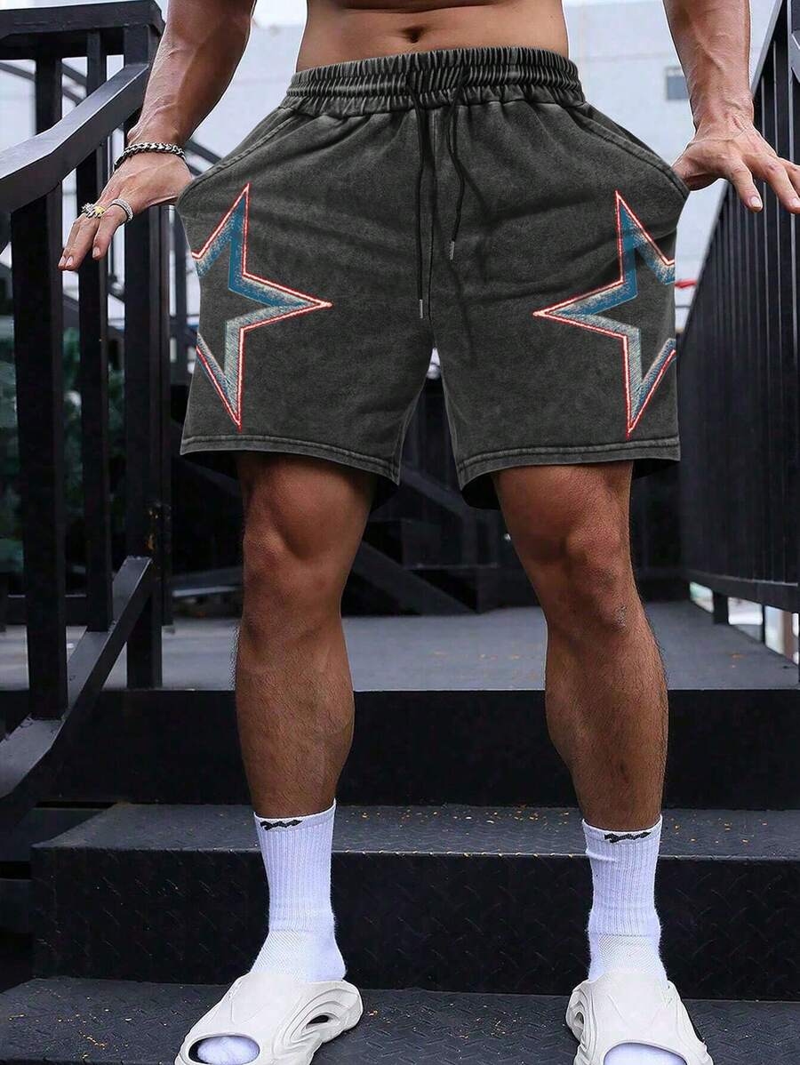 Shorts Esportivos Casuais Masculinos com Estampa Bordada de Estrela Colorida Desbotada