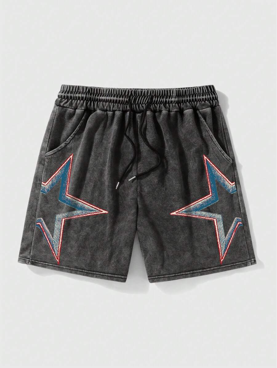 Shorts Esportivos Casuais Masculinos com Estampa Bordada de Estrela Colorida Desbotada