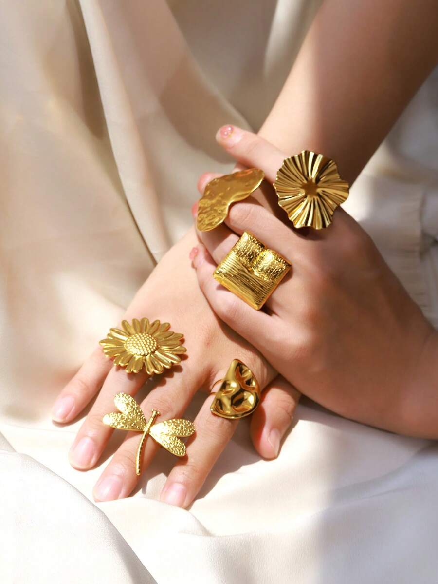 Roestvrijstalen metalen textuurringen voor vrouwenmeisjes overdreven bloem zonnebloem open ringen feest sieraden geschenken 2024