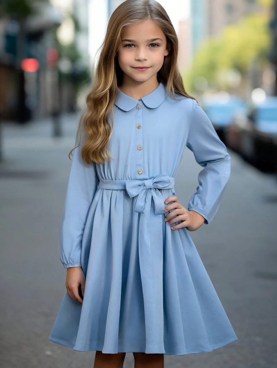 Big Tween Girl' Stand Collar Long Sleeve Solid Color Cinched Waist Casual Dress