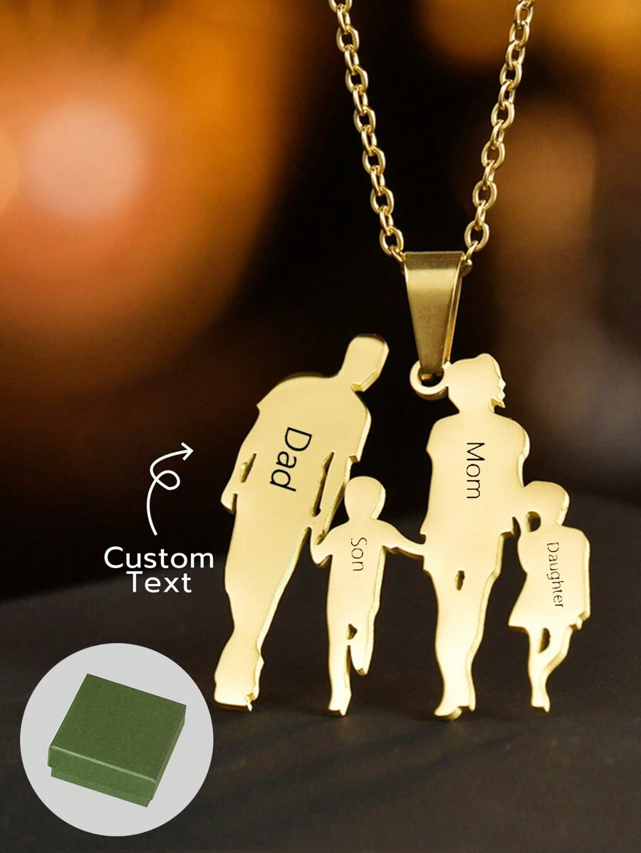 1 pieza Nuevo producto de cruce de frontera europeo y americano Colgante de recuerdo con foto de familia de papá y mamá grabado con láser de superficie lisa, joyería de collar de miembro familiar padre e hijo, joyería de acero inoxidable chapada en oro de 18 quilates, incluye estuche de regalo de alta gama, uso diario o como regalo