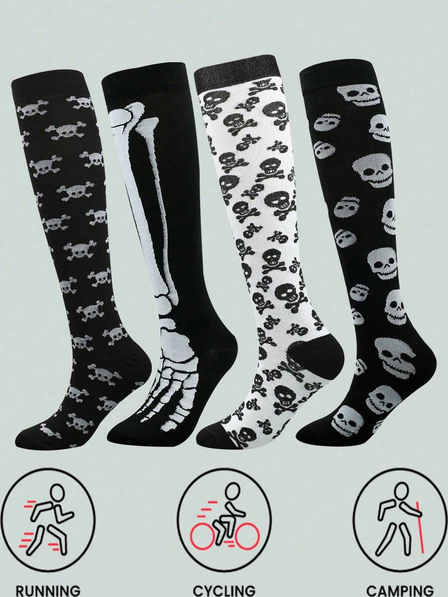 4 Paar Laufsocken mit Totenkopf-Muster, professionelle Langzeit-Kompressionsstrümpfe für Sport und Outdoor, geeignet für Menschen, die lange stehen müssen