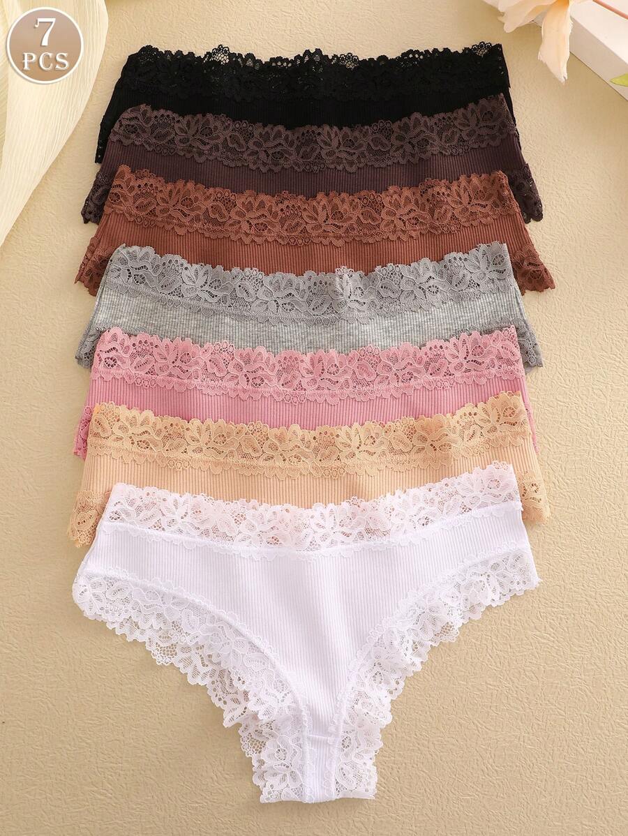 7 piezas/paquete Calzoncillos lisos de mujer con detalles de encaje, rayas sencillas y cómodos para señoras