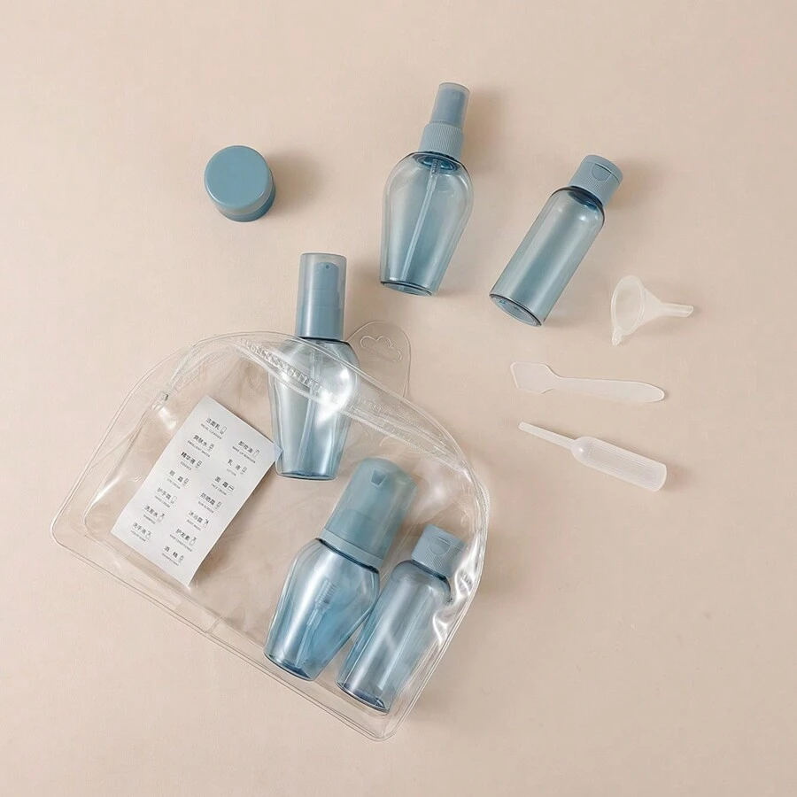 6 szt. pustych czerwonych/niebieskich butelek podróżnych na kosmetyki do siłowni, zatwierdzona przez TSA, 50 ml szczelne, wyciskane do toniku, szamponu, odżywki, balsamu, żelu pod prysznic z etykietą, lejkiem, łyżką do kremu, biuretą i torbą kosmetyczną
