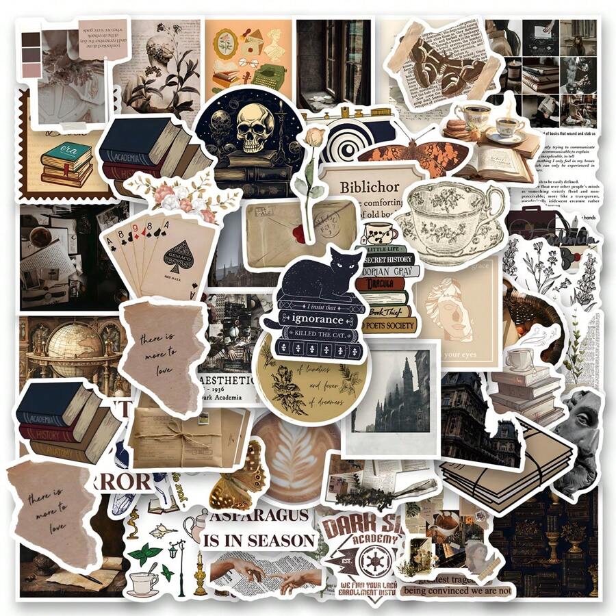 60 szt. Naklejki Dark Academia Naklejki winylowe do scrapbookingu, pamiętnika, laptopa, zderzaka, deskorolki, butelki na wodę, komputera, telefonu, kreskówek, kasku, naklejek i kalkomanii samochodowych