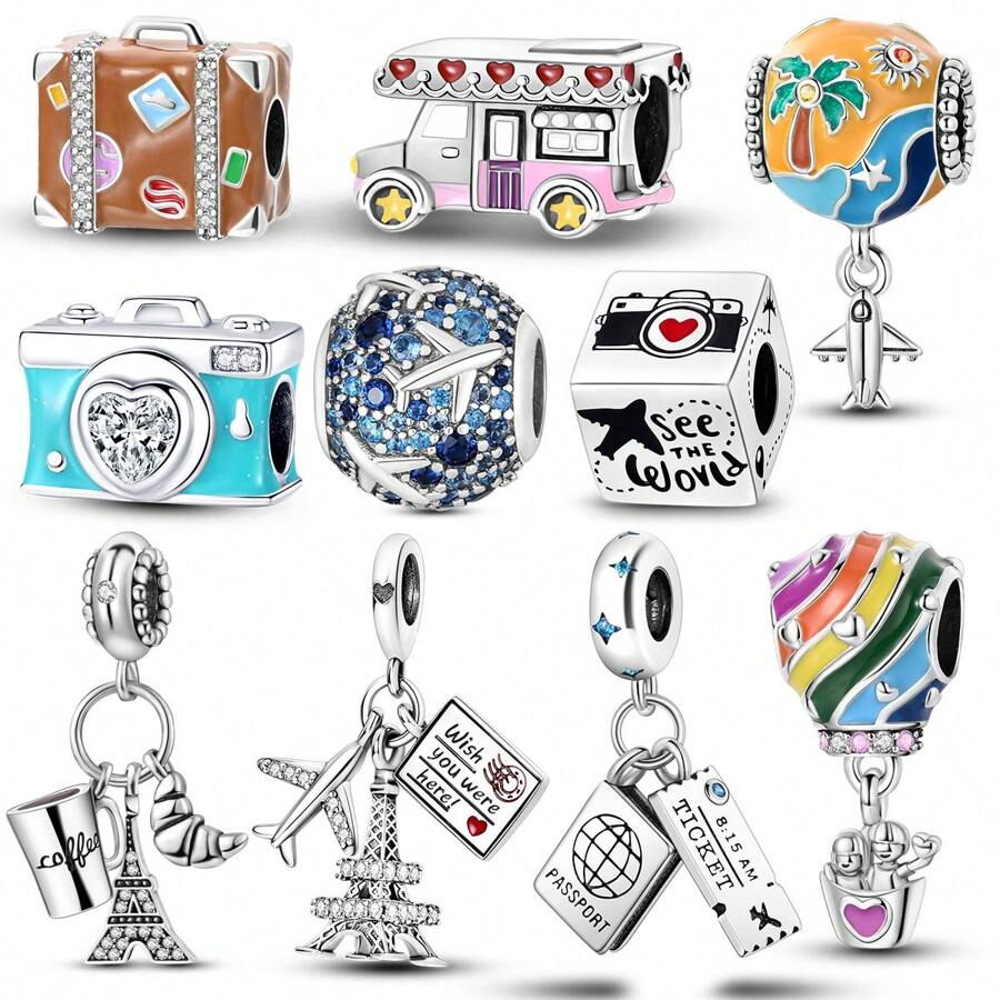 1pc Silver Color I Love Traveling Plane Tower Camera Passport Hot Air Balloon Pendent Charm Fit Bracelet Necklace Beads For DIY Jewelry Making Keepsake Gift For Girl Friend