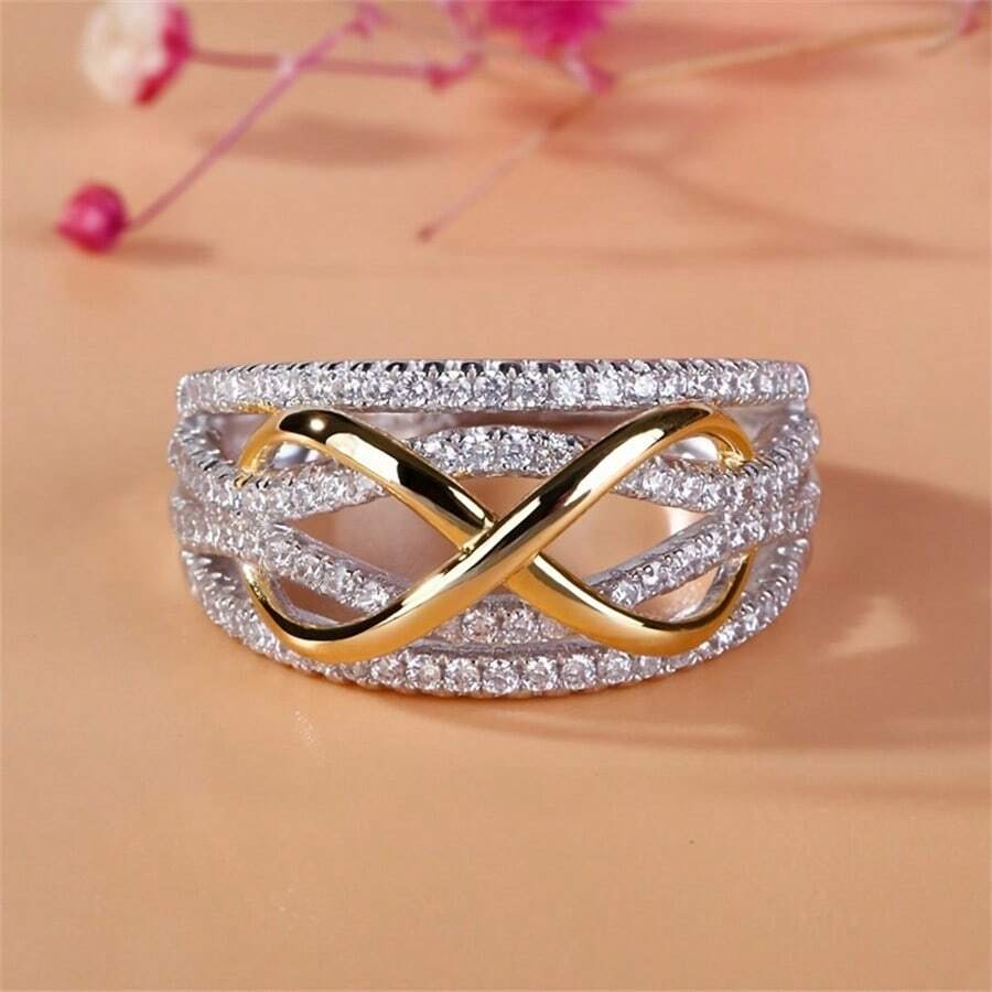 1 pieza Anillo de diseño de infinito "8" de dos colores de moda, anillo de compromiso y boda, joyería regalo para mujeres