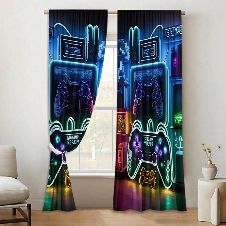 2PCS Competitive Game Neon Light Controller Background Printed Curtains, Perforated Curtains, Reference Bedroom, Office, Kitchen, Living Room, Study, Home Decoration, Suitable For All Seasons