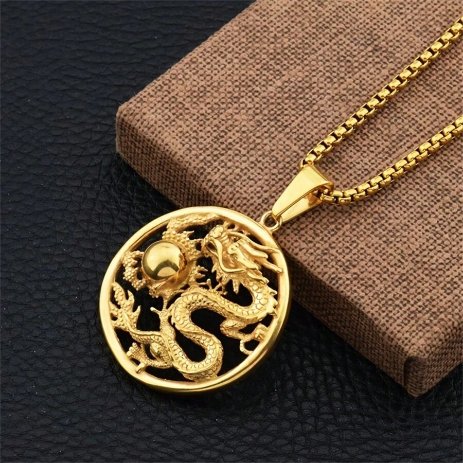 SeuSuk Colar com pingente de dragão com design oco vintage, joia chinesa com amuleto da sorte para presente masculino