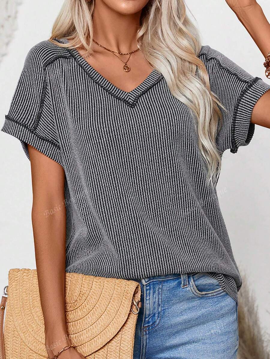 Women's Summer Tops V Neck T-Shirt Ribbed Cap Short Sleeve Casual Blouse