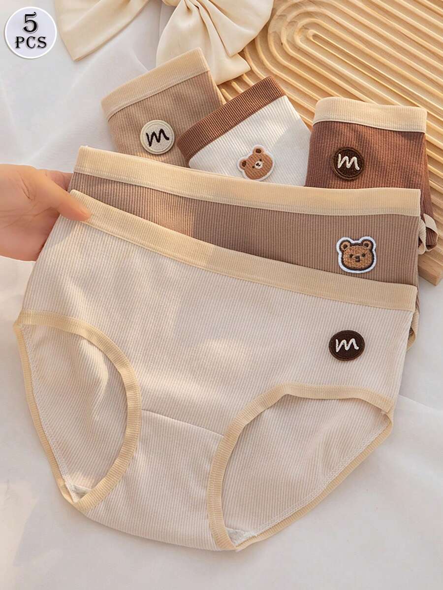Set de 5 bragas de mujer con alta elasticidad en la cintura, suaves y antibacterianas, con estampado de oso y letras de moda