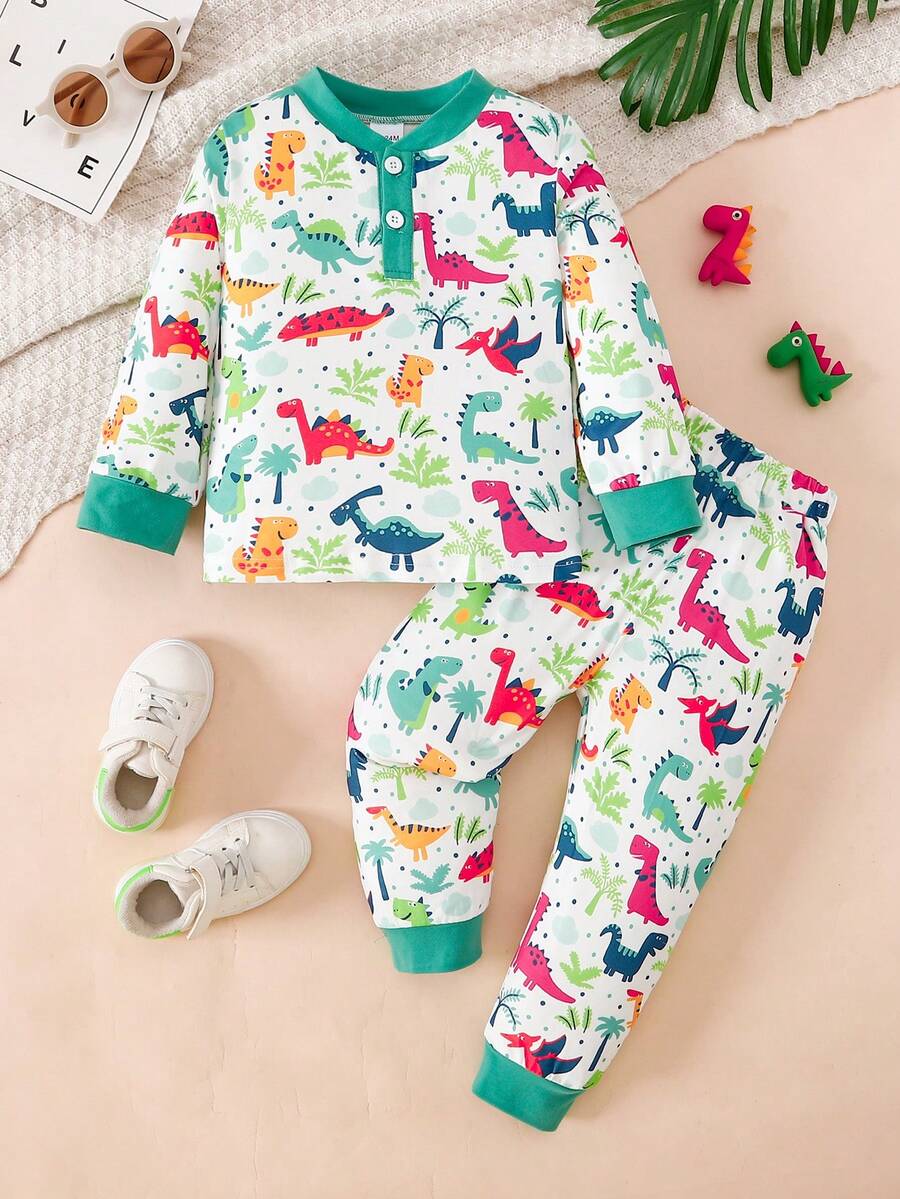 2pcs/Set Dinosaur & Ditsy Floral Long Sleeve Top And Pants Casual Outfit, Autumn/Winter