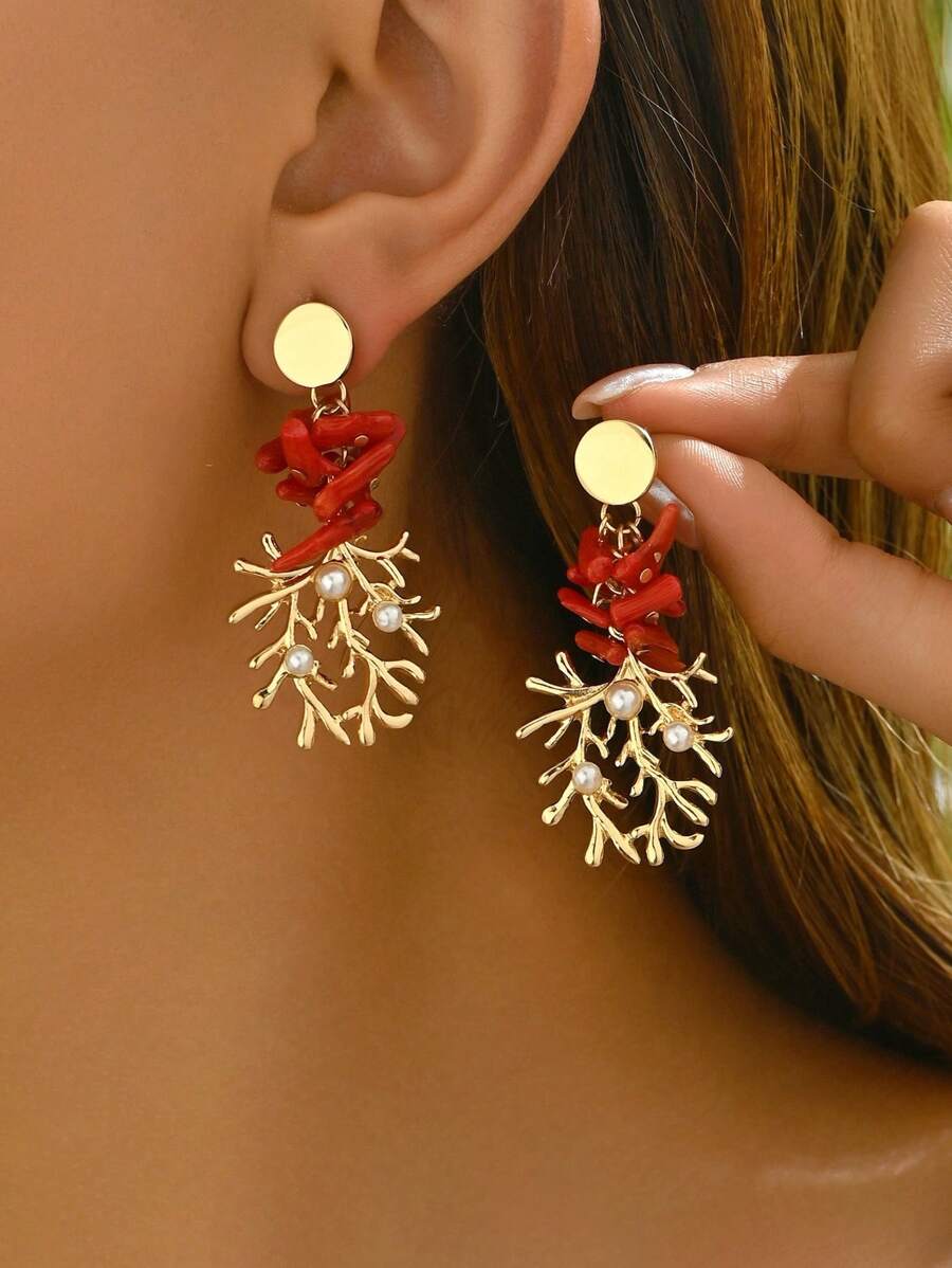 2 piezas Pendientes de bricolaje con incrustaciones de perlas falsas, corales rojos chapados en oro, cangrejo y estrella de mar de estilo marino clásico, adecuados para mujeres, uso en fiestas, vuelta al colegio y regalos festivos