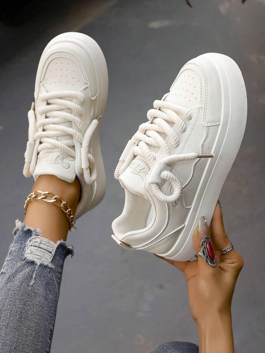 Women's Spring And Autumn College Style Large Size Board Shoes Thick Lace Rice And White Splicing Color Contrast White Shoes Women's Shoes Thick Soles Increase Women's Casual Sports Shoes