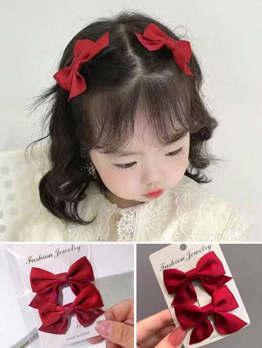 2pcs Kids' Butterfly Hair Clips For Baby Girls, Princess Side Hairpins Hair Accessories, Red