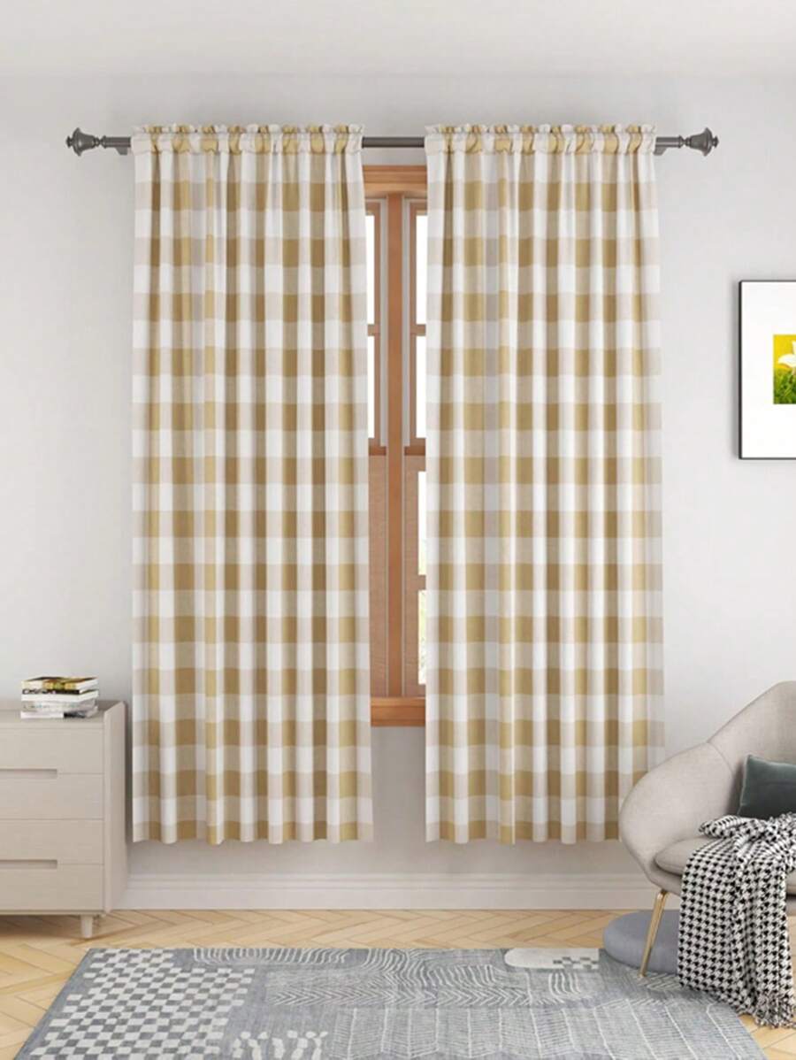 2pcs Modern Simple Khaki Plaid Fabric Curtains For Living Room, Bedroom, Balcony Decor
