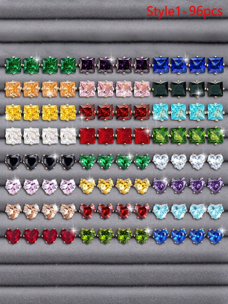 24pcs/48pcs/96pcs Minimalist Colorful Cubic Zirconia Stud Earrings Set For Women, Suitable For Date, Party, Commute, Casual Daily Wear