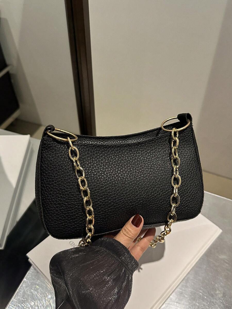 1 pièce Sac à épaule vintage en PU de couleur unie à grain de litchi, avec fermeture éclair, convient pour un usage quotidien pour femmes