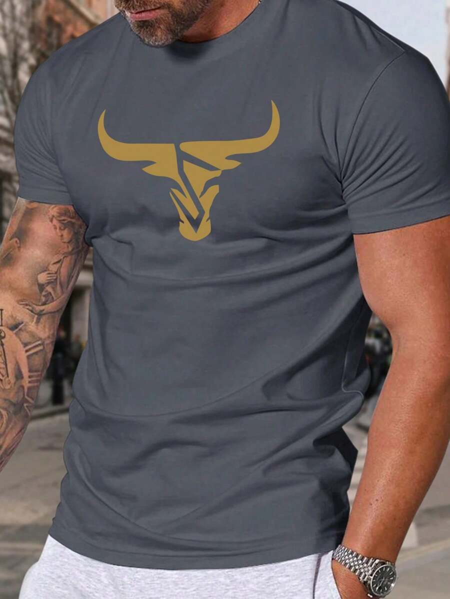 Men's Summer Casual Bull Print Short Sleeve Round Neck T-Shirt