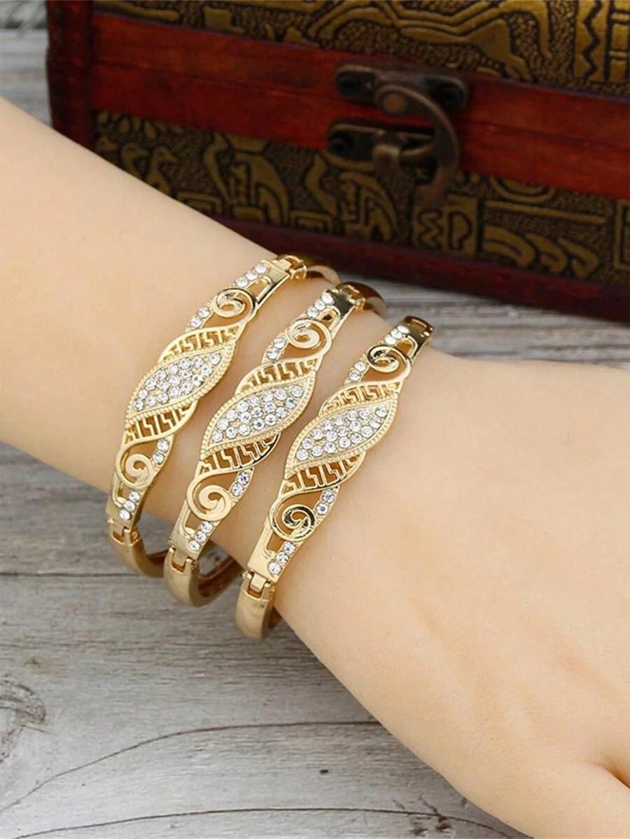 Set de 3 brazaletes dorados para mujer con adornos de estrás, joyería de brazalete de moda para fiesta real