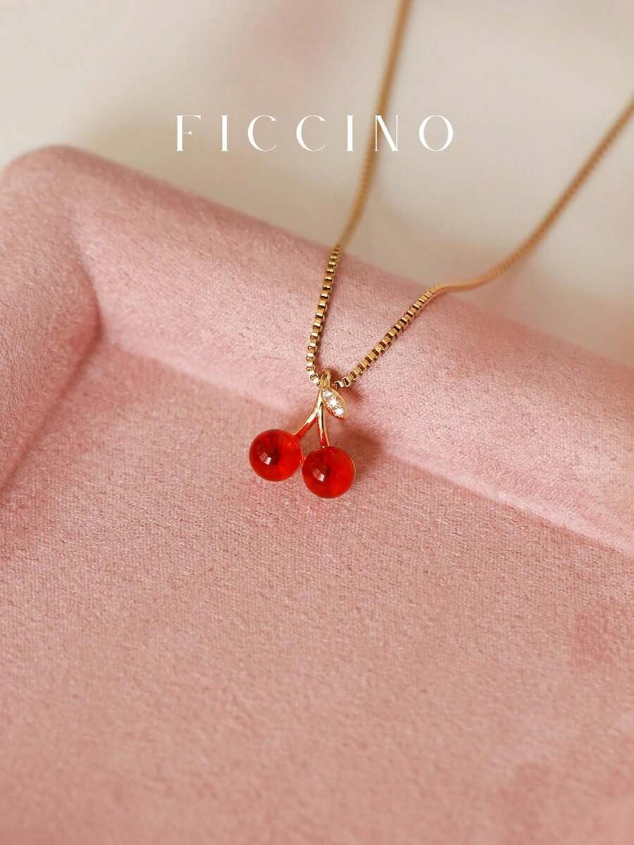 FICCINO FICCINO Colar com pingente de zircônia cúbica embelezado com cereja em corrente de caixa de ouro revestida de titânio ajustável, estilo fofo de verão, presente para namorada, vem com caixa