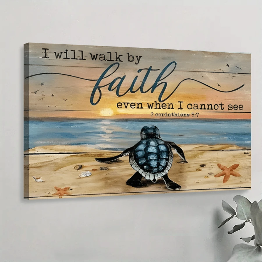 1PC, Sea Turtle Painting Sand Beach I Will Walk By Faith Landscape Canvas, Wall Art Canvas, Wall Art Artwork Home Decor, Bedroom Living Room Bathroom, Creative Small Gift, Holiday Accessory, Birthday Supplies, Party Decorations Supplies