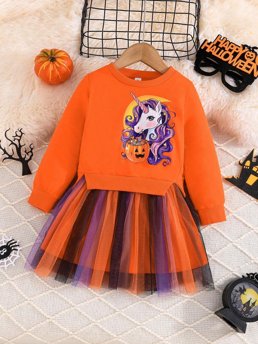 Vestido de festa de Halloween para meninas, abóbora e unicórnio, estampa de manga comprida, malha com babados, lindo vestido para festa de fim de ano