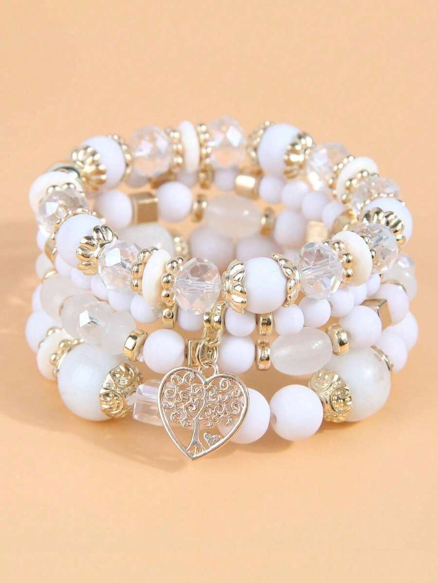 4 sztuki Boho Retro Style White Multi-Layer Pearl, Heart Pendant Women Bransoletki Zestaw
