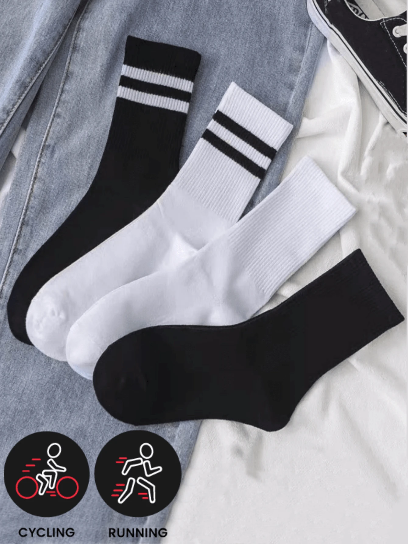 4 Paar sportliche unifarbene Socken in Schwarz & Weiß für Unisex, geeignet für Laufen und Outdoor-Aktivitäten
