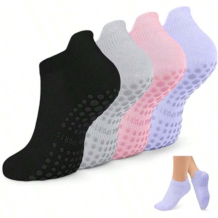 4 Pairs,Non Slip Pilates Socks With Grips For Women, Grip Socks For Yoga Barefoot Workout Anti Skid Athletic Socks Ballet